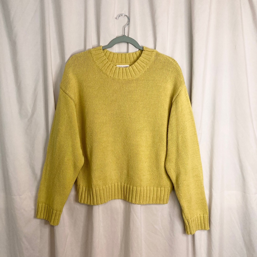 Yellow Chunky Knit Crewneck Sweater Chartreuse Prologue Womens M Fall Preppy